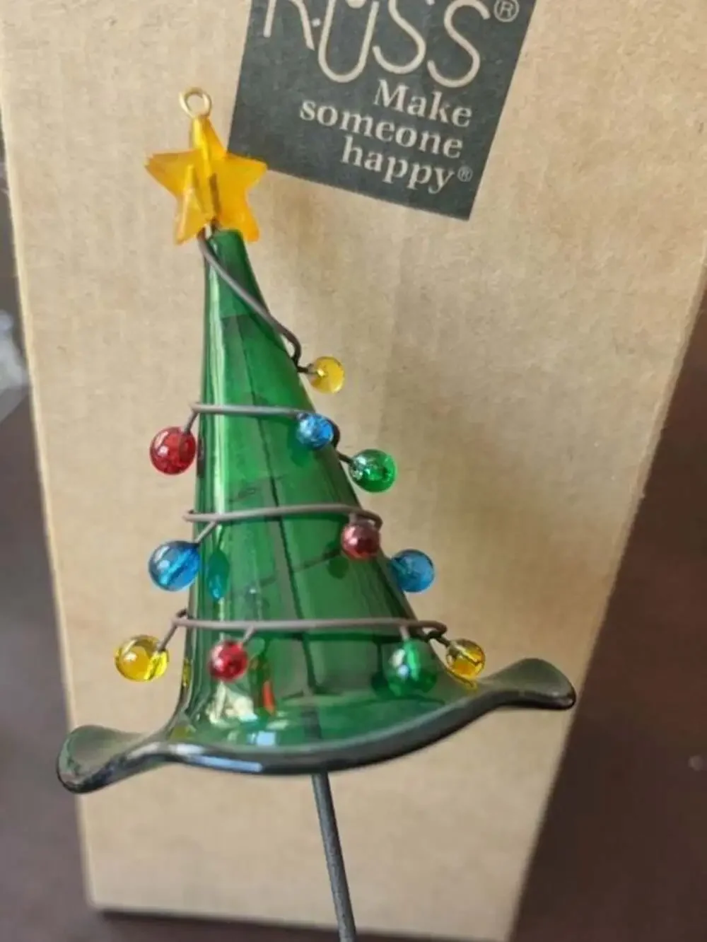Russ Berrie Glass Christmas Tree Ornament with Star and Pot Base Original Box